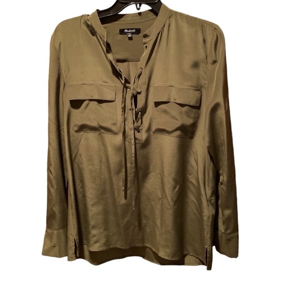 Madewell Lace Up silk Blouse Olive Small - Picture 1 of 8